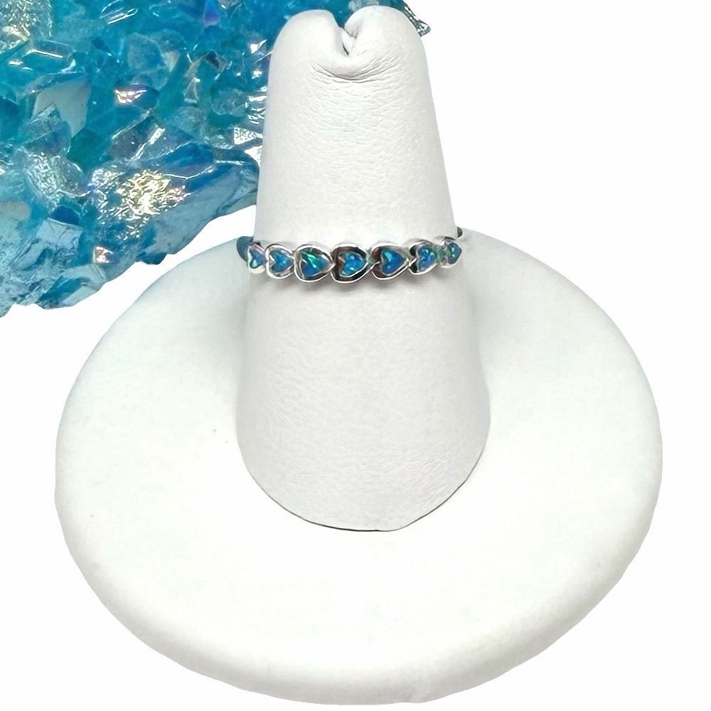 Blue Fire Opal Heart Eternity Band Ring Solid 925 Sterling Silver Size 10